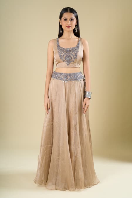 Prisho_Beige Embroidery, Sequins, Zari Square , Open Cape Skirt Set _Online_at_Aza_Fashions