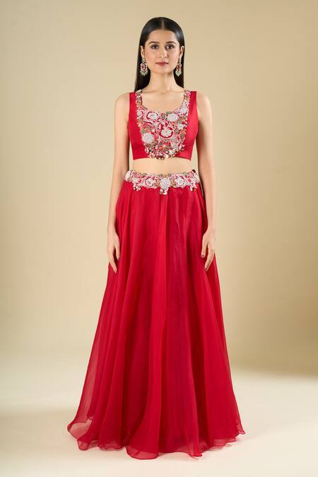 Prisho Red Beads, Sequins, Stones, Embroidery Open , Square Cape Skirt Set Online at Aza Fashions Prisho_Red Beads, Sequins, Stones, Embroidery Open , Square Cape Skirt Set _Online_at_Aza_Fashions