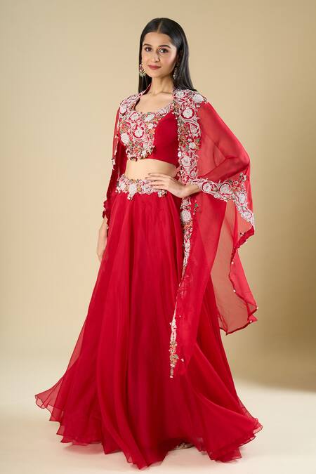Buy Prisho Red Beads, Sequins, Stones, Embroidery Open , Square Cape Skirt Set Online at Aza Fashions Buy_Prisho_Red Beads, Sequins, Stones, Embroidery Open , Square Cape Skirt Set _Online_at_Aza_Fashions
