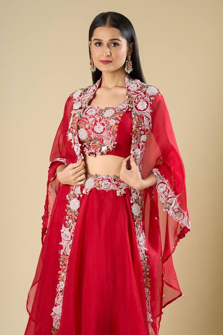 Prisho Red Beads, Sequins, Stones, Embroidery Open , Square Cape Skirt Set at Aza Fashions Prisho_Red Beads, Sequins, Stones, Embroidery Open , Square Cape Skirt Set _at_Aza_Fashions