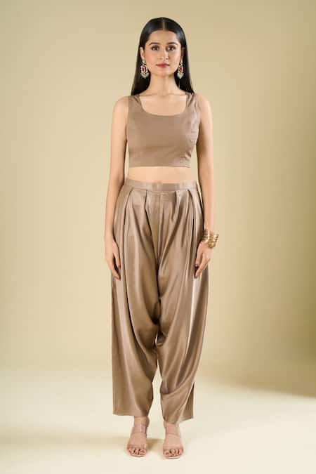 Prisho_Beige Beads, Stones, Embroidery High Neck, Round Neck, Kaftan With Dhoti Pant _Online_at_Aza_Fashions