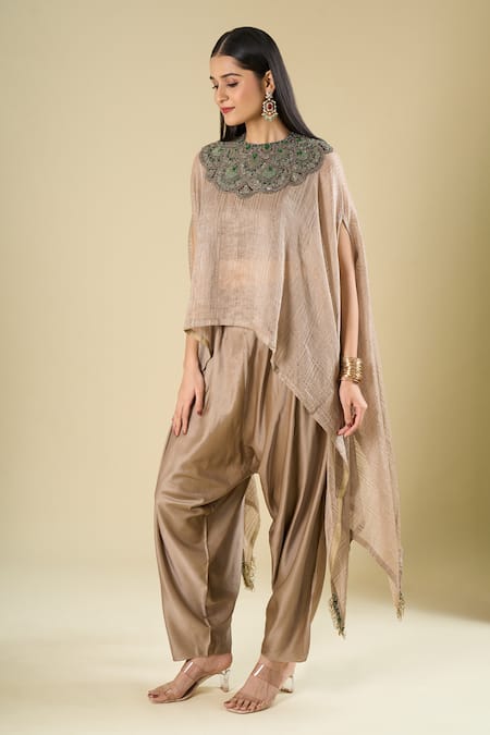 Shop_Prisho_Beige Beads, Stones, Embroidery High Neck, Round Neck, Kaftan With Dhoti Pant _Online_at_Aza_Fashions