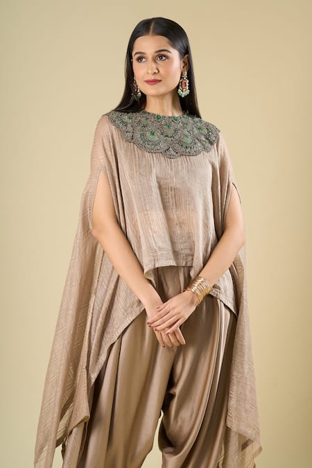 Prisho_Beige Beads, Stones, Embroidery High Neck, Round Neck, Kaftan With Dhoti Pant _at_Aza_Fashions