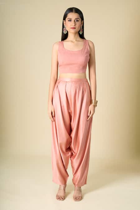 Prisho_Peach Beads, Stones, Embroidery, Zari, Sequins Round Kaftan With Dhoti Pant _Online_at_Aza_Fashions