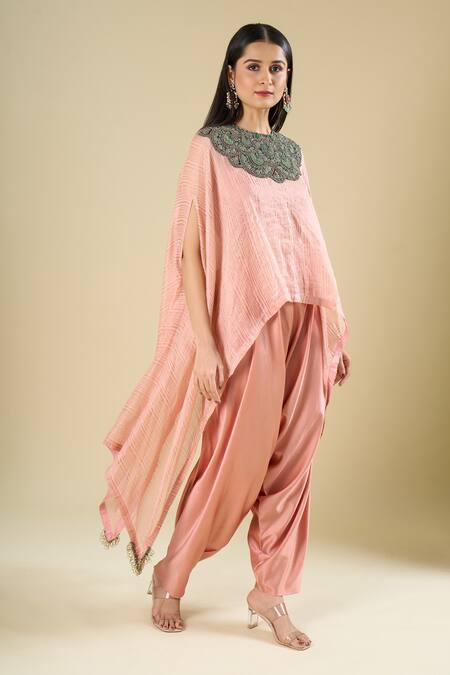 Shop_Prisho_Peach Beads, Stones, Embroidery, Zari, Sequins Round Kaftan With Dhoti Pant _Online_at_Aza_Fashions