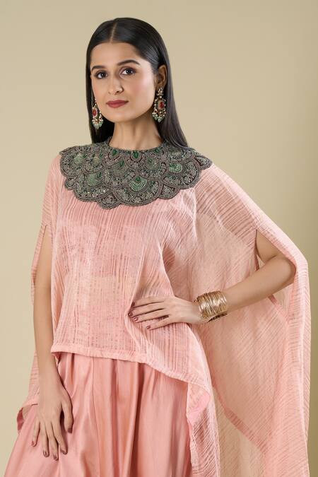 Prisho_Peach Beads, Stones, Embroidery, Zari, Sequins Round Kaftan With Dhoti Pant _at_Aza_Fashions