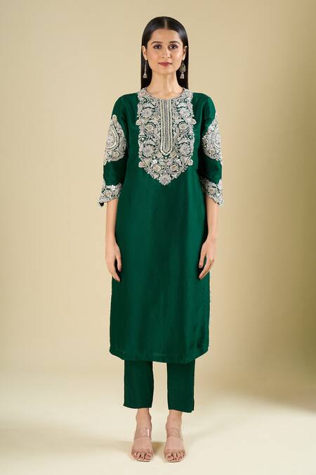 Prisho_Green Embroidery, Sequins Round Neck Bottle Long Kurta Set _Online_at_Aza_Fashions