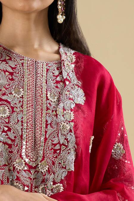 Prisho_Red Embroidery, Sequins Split V-neck Long Kurta Set _Online_at_Aza_Fashions