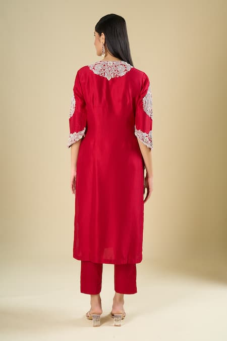 Prisho Red Embroidered Long Kurta Set 