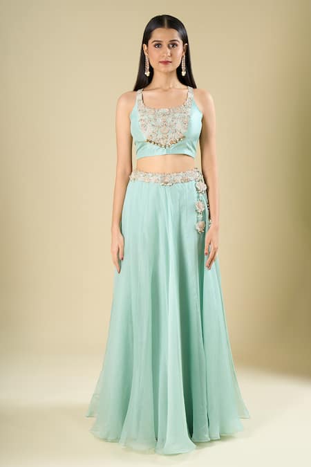 Prisho_Blue Organza Embroidery, Sequins, Beads, Tassels, Zari, Stones Square Skirt Set _Online_at_Aza_Fashions
