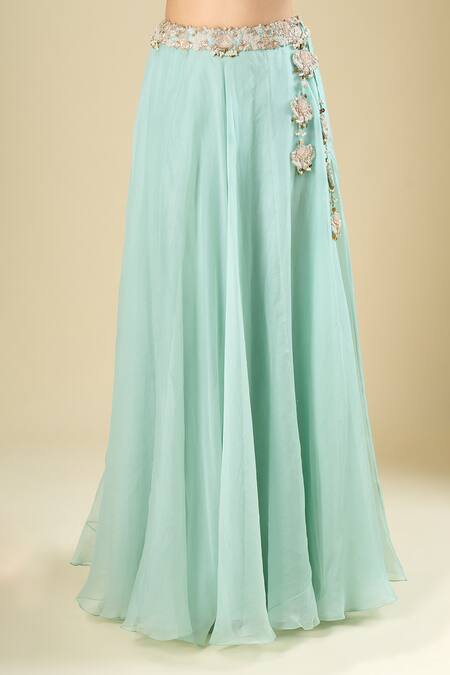 Buy_Prisho_Blue Organza Embroidery, Sequins, Beads, Tassels, Zari, Stones Square Skirt Set _Online_at_Aza_Fashions