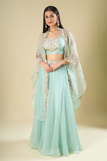 Shop_Prisho_Blue Organza Embroidery, Sequins, Beads, Tassels, Zari, Stones Square Skirt Set _Online_at_Aza_Fashions