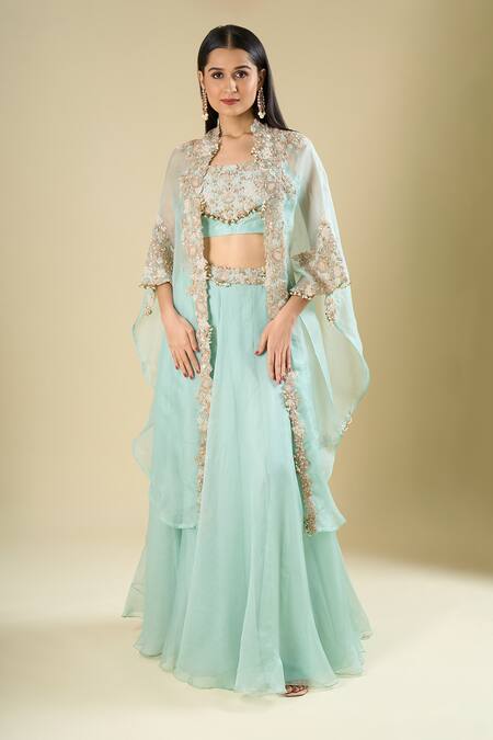 Prisho_Blue Organza Embroidery, Sequins, Beads, Tassels, Zari, Stones Square Skirt Set _at_Aza_Fashions