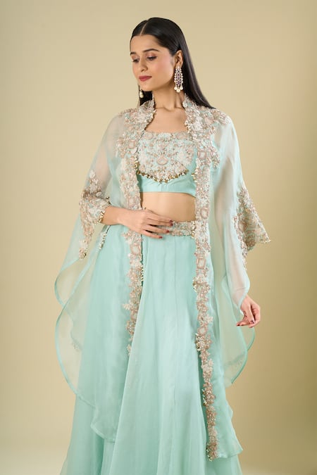 Buy_Prisho_Blue Organza Embroidery, Sequins, Beads, Tassels, Zari, Stones Square Skirt Set 