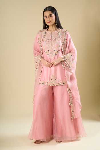 Shop Prisho Pink Organza Embroidery, Sequins, Beads, Stones Round Neck, Cape And Kurta Set Online at Aza Fashions Shop_Prisho_Pink Organza Embroidery, Sequins, Beads, Stones Round Neck, Cape And Kurta Set _Online_at_Aza_Fashions