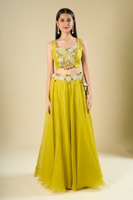 Prisho_Lime Embroidery, Stones, Beads, Sequins Round Neck Multi Thread Skirt Set _Online_at_Aza_Fashions