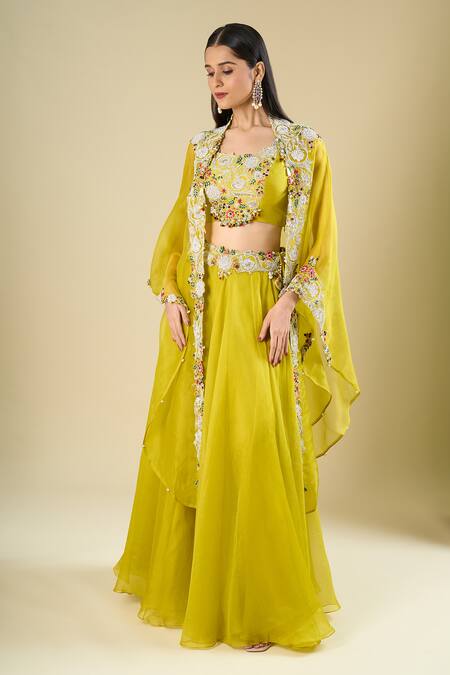 Buy_Prisho_Lime Embroidery, Stones, Beads, Sequins Round Neck Multi Thread Skirt Set _Online_at_Aza_Fashions