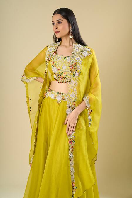 Shop_Prisho_Lime Embroidery, Stones, Beads, Sequins Round Neck Multi Thread Skirt Set _Online_at_Aza_Fashions