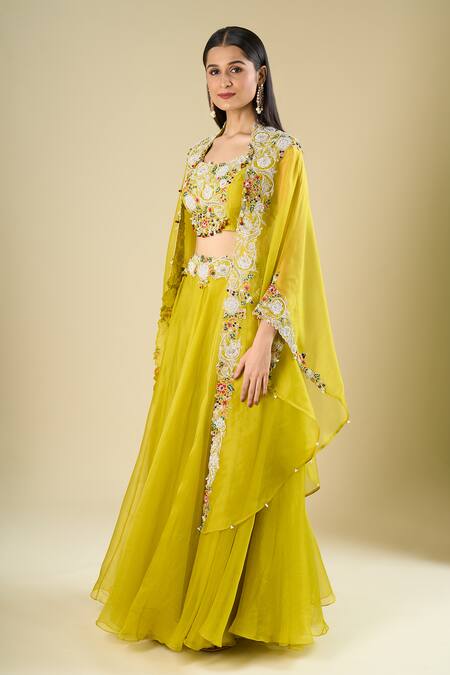 Prisho_Lime Embroidery, Stones, Beads, Sequins Round Neck Multi Thread Skirt Set _at_Aza_Fashions