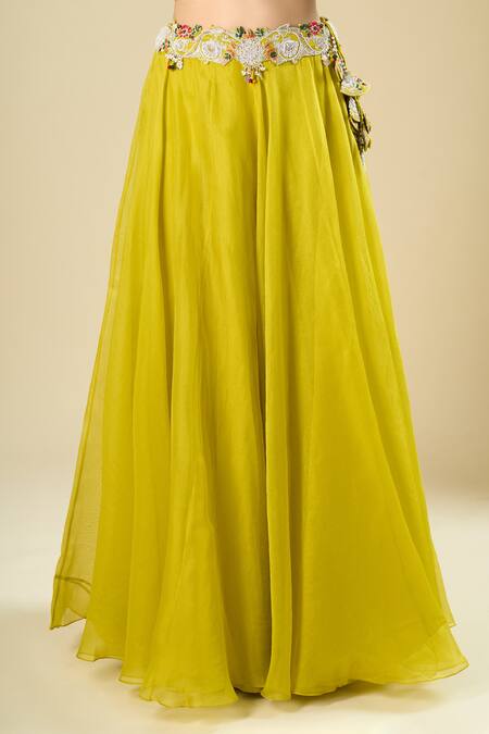 Buy_Prisho_Lime Embroidery, Stones, Beads, Sequins Round Neck Multi Thread Skirt Set 