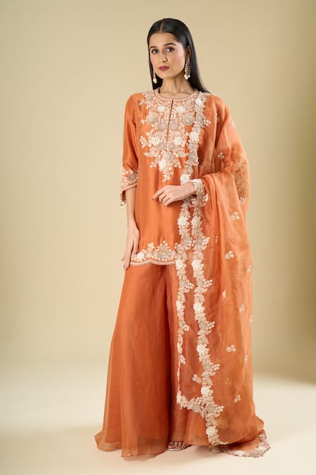 Prisho Orange Embroidery, Sequins, Beads, Metallic Thread Round Rust Short Kurta Set 