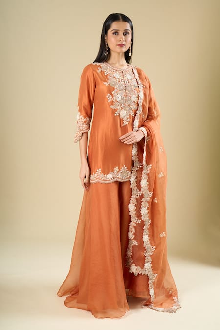Buy Prisho Orange Embroidery, Sequins, Beads, Metallic Thread Round Rust Short Kurta Set Online at Aza Fashions Buy_Prisho_Orange Embroidery, Sequins, Beads, Metallic Thread Round Rust Short Kurta Set _Online_at_Aza_Fashions