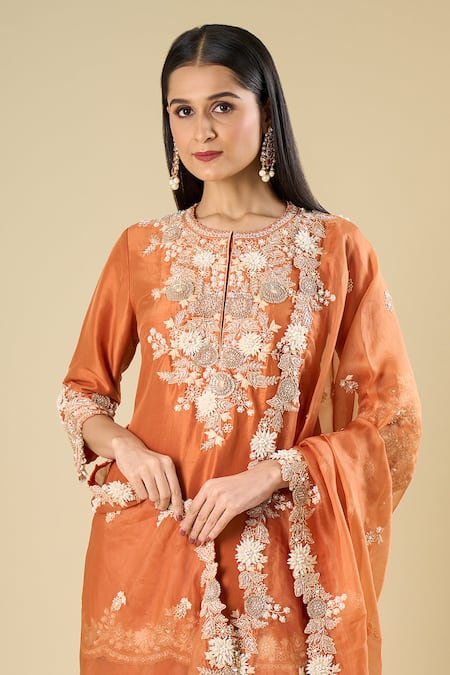 Shop Prisho Orange Embroidery, Sequins, Beads, Metallic Thread Round Rust Short Kurta Set Online at Aza Fashions Shop_Prisho_Orange Embroidery, Sequins, Beads, Metallic Thread Round Rust Short Kurta Set _Online_at_Aza_Fashions