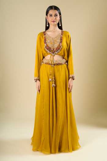 Prisho_Mustard Embroidery, Beads, Stones, Sequins, Tassels V-neck Blouse And Skirt Set _Online_at_Aza_Fashions