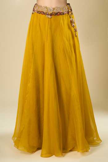 Buy_Prisho_Mustard Embroidery, Beads, Stones, Sequins, Tassels V-neck Blouse And Skirt Set _Online_at_Aza_Fashions