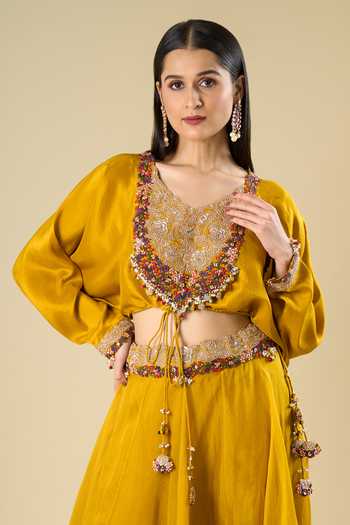 Shop_Prisho_Mustard Embroidery, Beads, Stones, Sequins, Tassels V-neck Blouse And Skirt Set _Online_at_Aza_Fashions