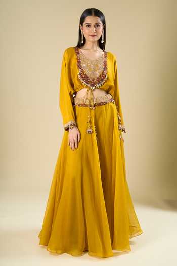 Prisho_Mustard Embroidery, Beads, Stones, Sequins, Tassels V-neck Blouse And Skirt Set _at_Aza_Fashions