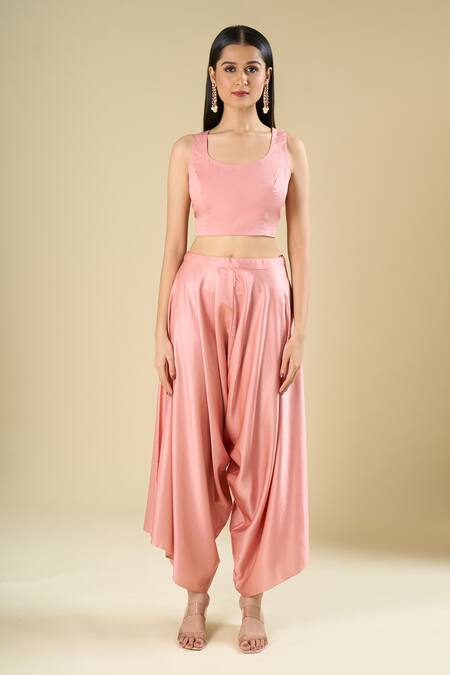 Prisho_Peach Beads, Sequins, Embroidery Round Neck Kaftaan And Pant Set _Online_at_Aza_Fashions