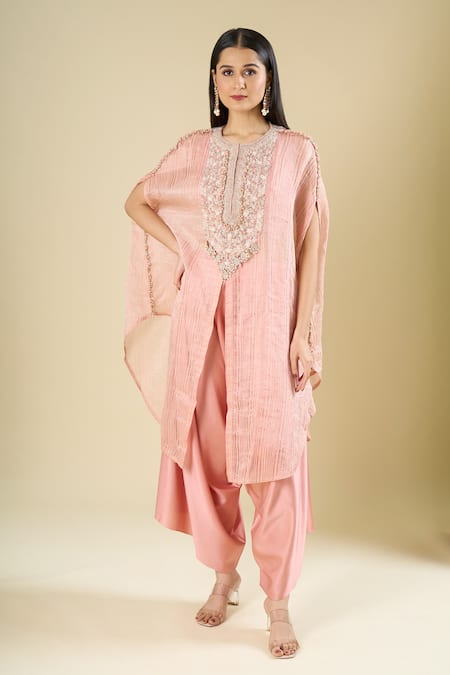 Prisho_Peach Beads, Sequins, Embroidery Round Neck Kaftaan And Pant Set _at_Aza_Fashions