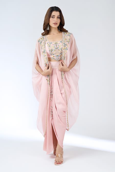 Prisho Flamingo Embroidered Cape Skirt Set 