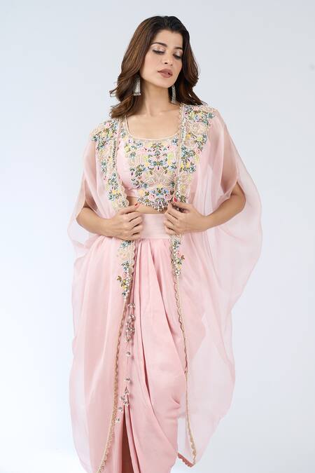 Shop Prisho Pink Embroidery, Sequins Open , Round Flamingo Cape Skirt Set Online at Aza Fashions Shop_Prisho_Pink Embroidery, Sequins Open , Round Flamingo Cape Skirt Set _Online_at_Aza_Fashions