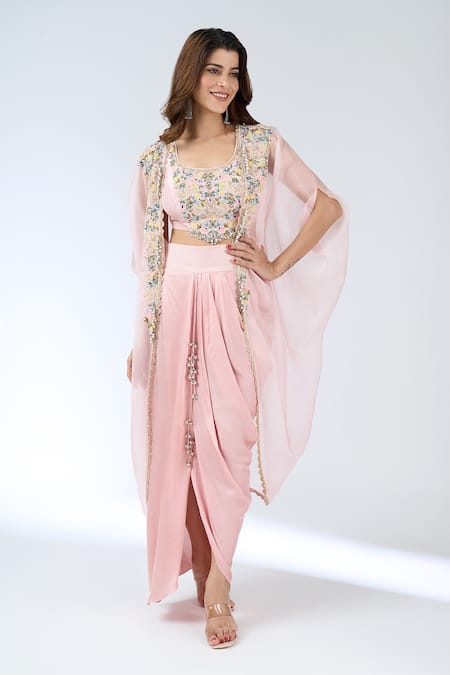 Prisho Pink Embroidery, Sequins Open , Round Flamingo Cape Skirt Set at Aza Fashions Prisho_Pink Embroidery, Sequins Open , Round Flamingo Cape Skirt Set _at_Aza_Fashions