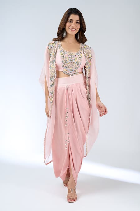 Buy Prisho Pink Embroidery, Sequins Open , Round Flamingo Cape Skirt Set Buy_Prisho_Pink Embroidery, Sequins Open , Round Flamingo Cape Skirt Set