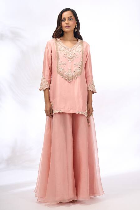 Prisho Pink Embroidery, Zari, Beads, Sequins V-neck Kurta Sharara Set Online at Aza Fashions Prisho_Pink Embroidery, Zari, Beads, Sequins V-neck Kurta Sharara Set _Online_at_Aza_Fashions