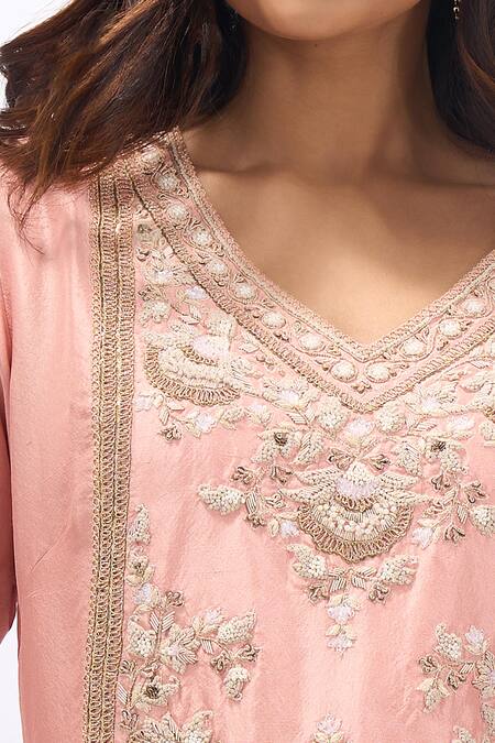 Buy Prisho Pink Embroidery, Zari, Beads, Sequins V-neck Kurta Sharara Set Online at Aza Fashions Buy_Prisho_Pink Embroidery, Zari, Beads, Sequins V-neck Kurta Sharara Set _Online_at_Aza_Fashions