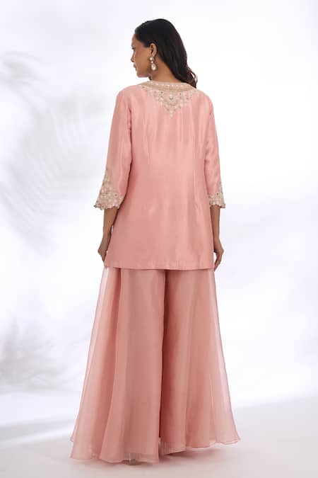 Shop Prisho Pink Embroidery, Zari, Beads, Sequins V-neck Kurta Sharara Set at Aza Fashions Shop_Prisho_Pink Embroidery, Zari, Beads, Sequins V-neck Kurta Sharara Set _at_Aza_Fashions