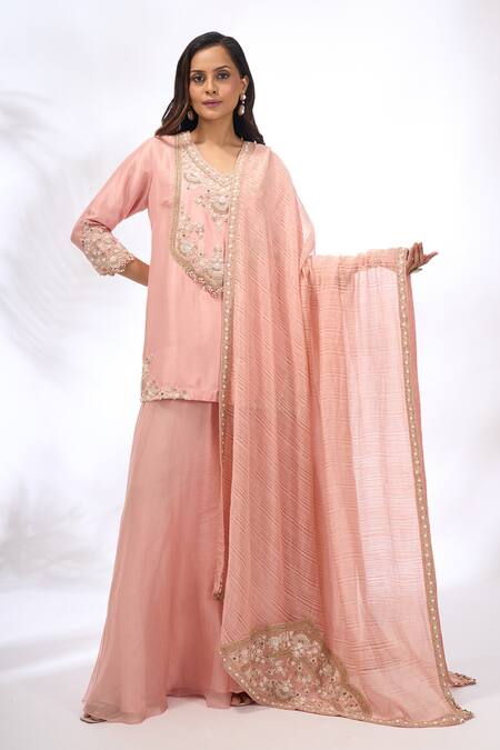 Shop Prisho Pink Embroidery, Zari, Beads, Sequins V-neck Kurta Sharara Set Online at Aza Fashions Shop_Prisho_Pink Embroidery, Zari, Beads, Sequins V-neck Kurta Sharara Set _Online_at_Aza_Fashions