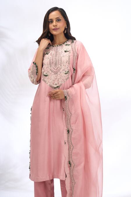 Prisho Pink Embroidery, Sequins, Beads Round Neck Kurta Set Online at Aza Fashions Prisho_Pink Embroidery, Sequins, Beads Round Neck Kurta Set _Online_at_Aza_Fashions
