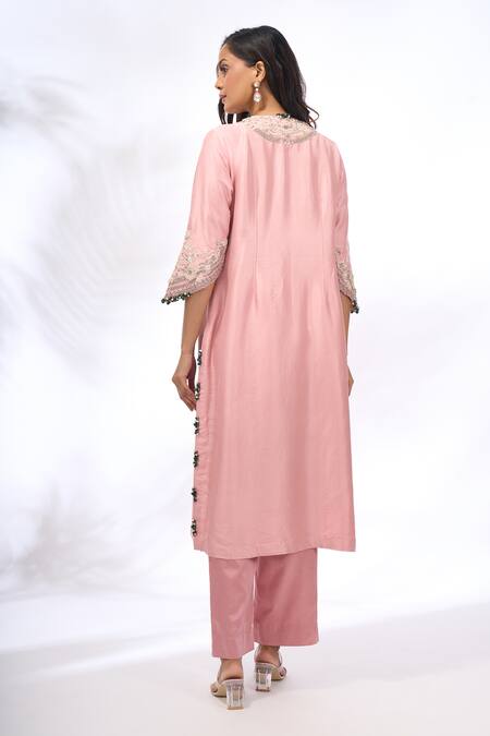 Shop Prisho Pink Embroidery, Sequins, Beads Round Neck Kurta Set at Aza Fashions Shop_Prisho_Pink Embroidery, Sequins, Beads Round Neck Kurta Set _at_Aza_Fashions