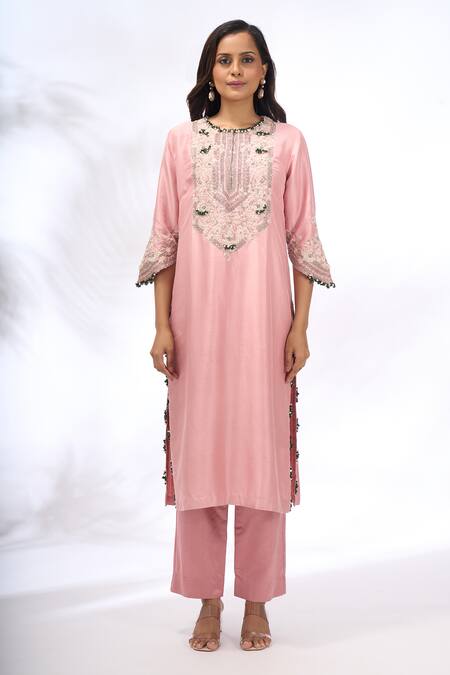 Shop Prisho Pink Embroidery, Sequins, Beads Round Neck Kurta Set Online at Aza Fashions Shop_Prisho_Pink Embroidery, Sequins, Beads Round Neck Kurta Set _Online_at_Aza_Fashions