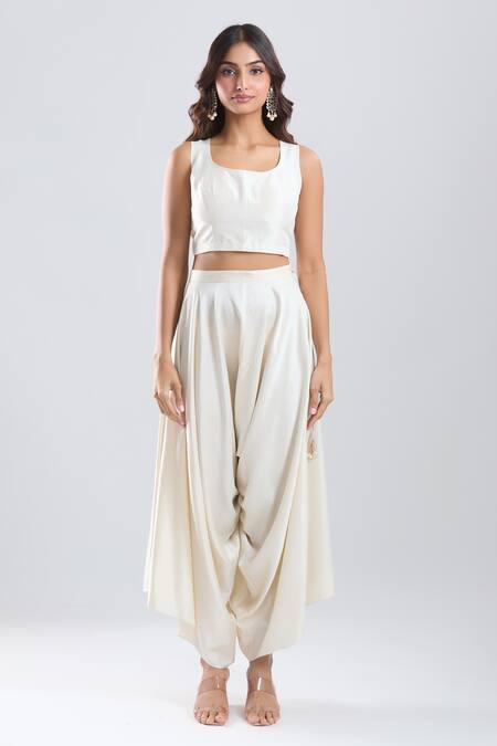 Prisho_Ivory Embroidery, Zari, Sequins Round Neck Kaftan Pant Set _Online_at_Aza_Fashions