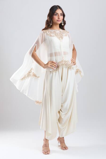 Buy_Prisho_Ivory Embroidery, Zari, Sequins Round Neck Kaftan Pant Set _Online_at_Aza_Fashions
