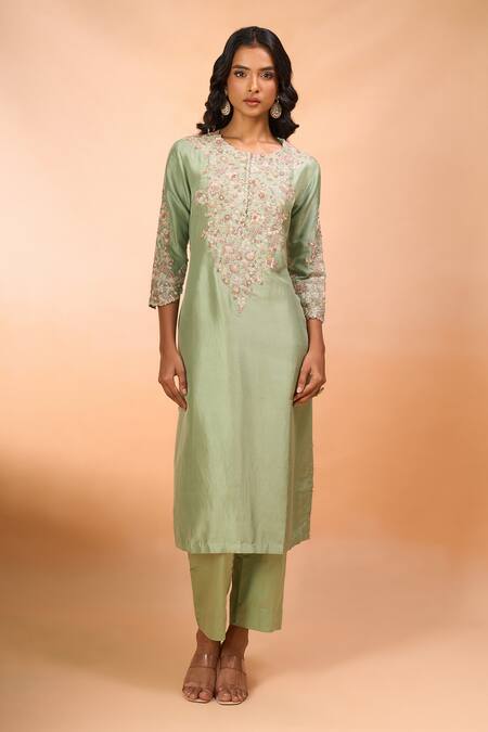 Prisho_Green Embroidery, Beads, Sequins Round Neck Kurta Set _Online_at_Aza_Fashions
