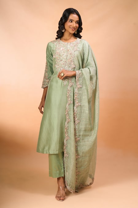 Prisho Green Embroidery, Beads, Sequins Round Neck Kurta Set 