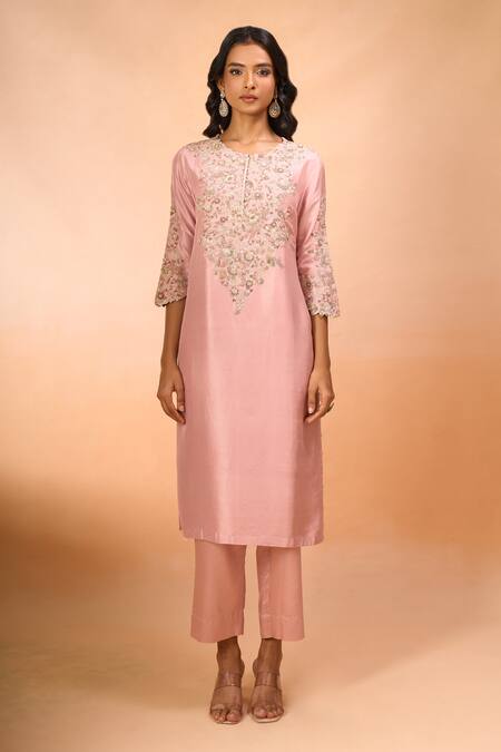 Shop_Prisho_Pink Embroidery, Zari, Sequins Round Neck Kurta Set _Online_at_Aza_Fashions