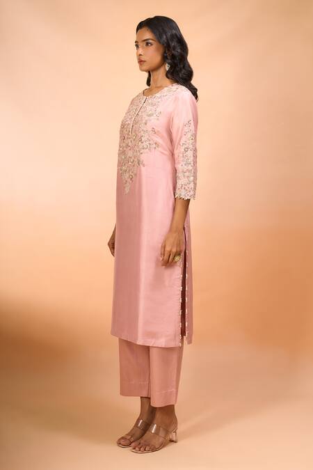 Prisho_Pink Embroidery, Zari, Sequins Round Neck Kurta Set _at_Aza_Fashions